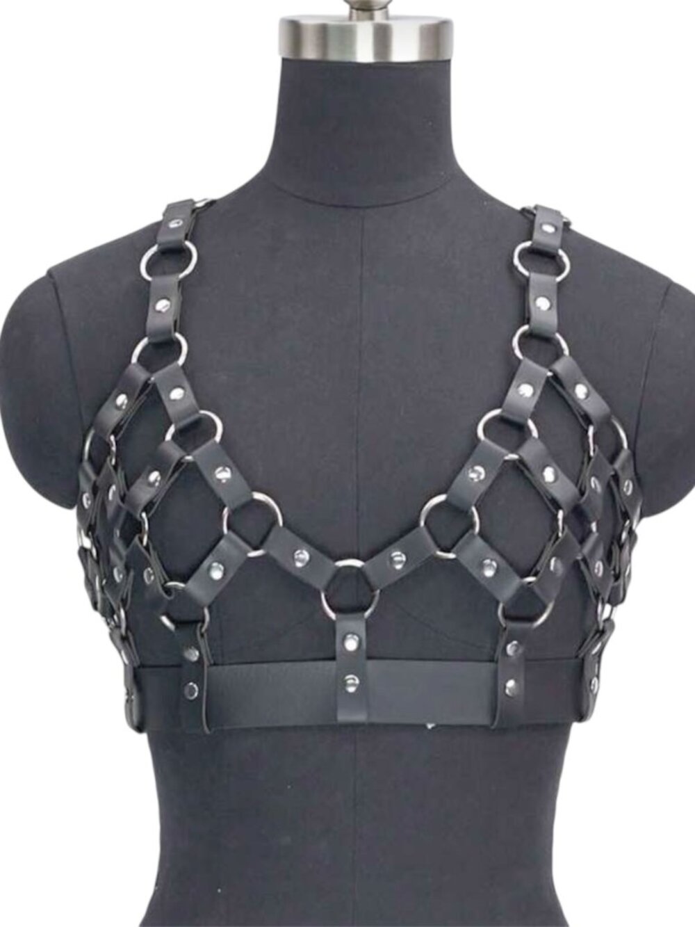 Women Gothic Punk Black PU Leather Grid Chest Harness